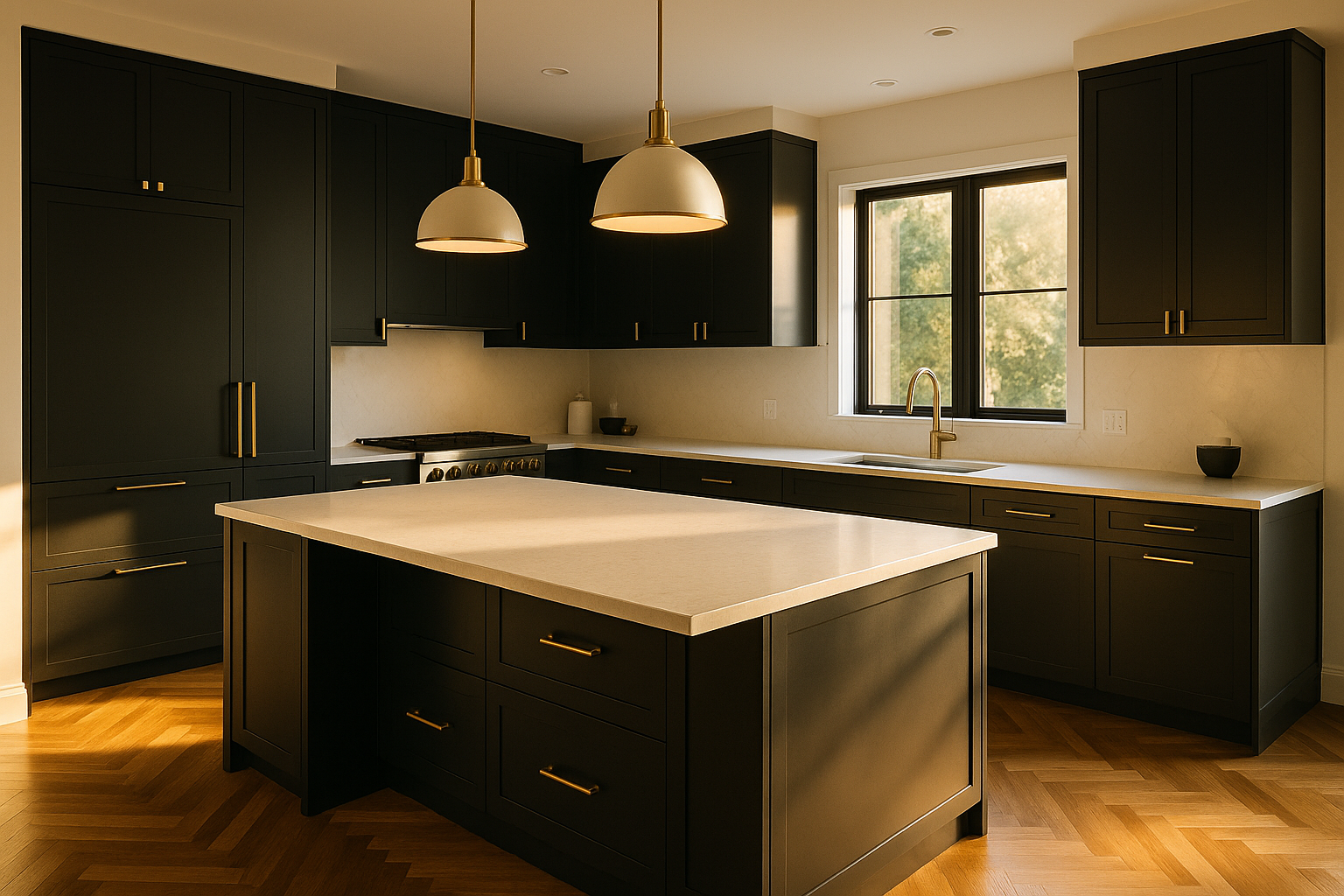 Cozinha moderna com armários pretos e detalhes em dourado, balcões claros, piso de madeira em padrão chevron, iluminação suave e pendentes brancos, ambiente elegante e acolhedor.